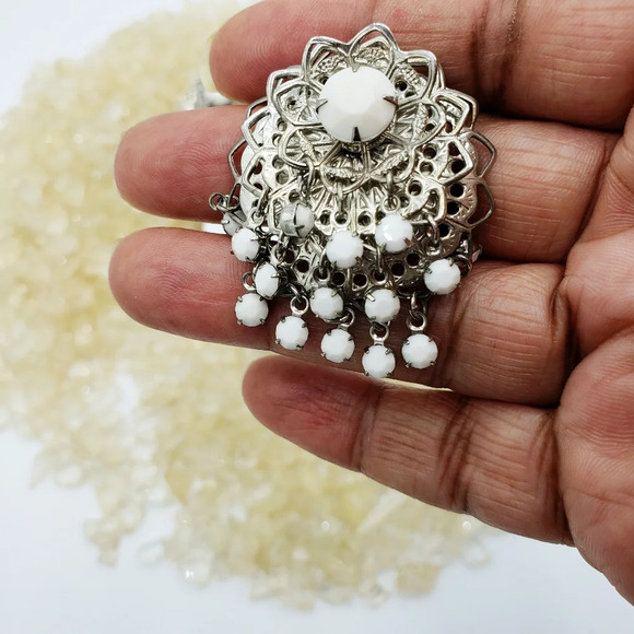 Vintage Silver Earrings | White Stones | Clip-On - Picture 3 of 5